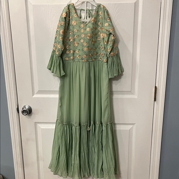 Sage Green Floral Embroidered Maxi Dress